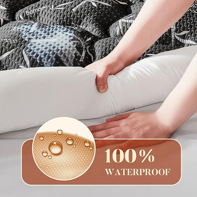 PRIMESOFT 100% Waterproof King Size Mattress Topper, Thick Pillow Top Mattress Pad，Up to 25 Inch Deep Pocket,Soft Breathable Mattress Pad for Back Pain, Protector Cover(Black)