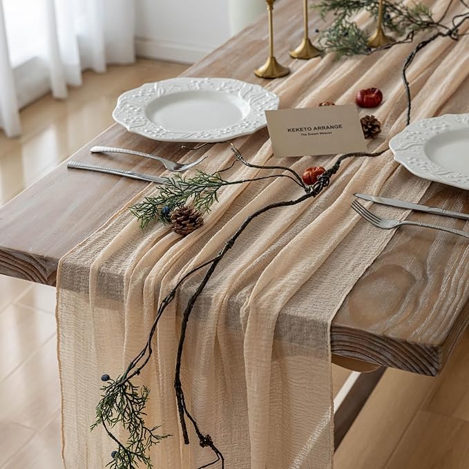Keketoarrange Deep Beige Cheesecloth Table Runner Rustic Boho Butter Gauze 120 Inch 10 FT Cheese Cloth for Wedding Baby Bridal Shower Birthday Engagement Party Long Sheer Spring Home Decorations