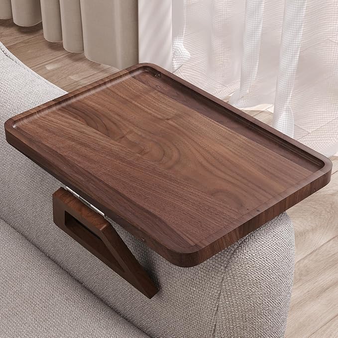 Walnut Wood Couch Arm Tray,Couch Trays,Folding Sofa Armrest Tray,Couch Arm Table Clip-On Couch Desk for Drinks, Snacks,Phone,Remote Control