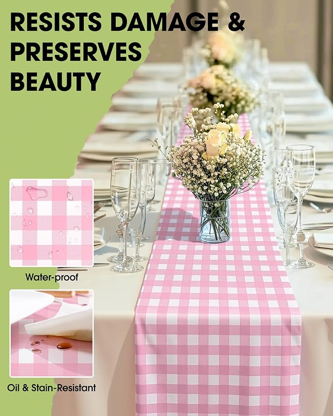 Pureegg Gingham Plastic Table Runners - 10 Pack, 14'' x 108'', Water Resistant & Disposable Plaid Centerpiece Decorations for Table Cloth, Birthday, Holiday, Party, Pink and White Checkered Home Decor
