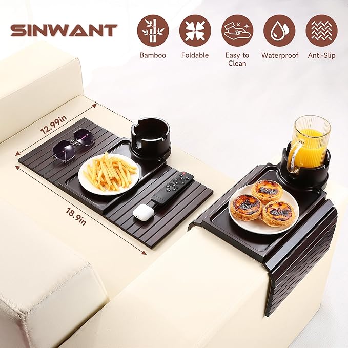 SINWANT Couch Cup Holder Tray, 2 in 1 Bamboo Couch Armrest Table Clip on Sofa Armrest Table,Foldable Anti Silp Arm Rest Side Tray for Drink Coffee Mug, Snacks, Remote
