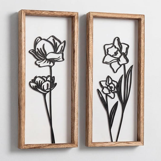 3D Black and White Wall Art (Set of 2) Lightweight, Wooden Ready-to-Hang Framed Floral Wall Art for Bathroom, Bedroom, Living Room or Office – Boho Botanical Farmhouse Decor – Gift-Boxed