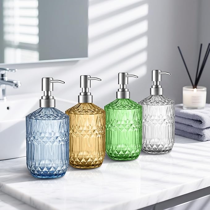 Kaishun 13 Oz Refillable Soap Dispenser, Glass Soap Dispenser for Dispense Hand Soap, Dish Soap, Lotion (Green)