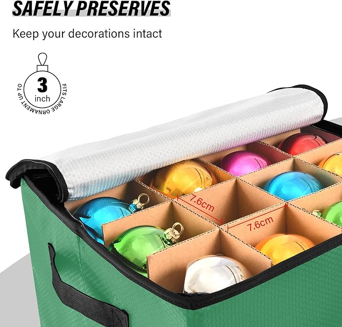 Green Christmas Ornament Storage Basket Box Holiday Storage Container Cube with Adjustable Dividers for 64 Holiday Ornaments or Decorations Keeps Clean and Dry for Next Season