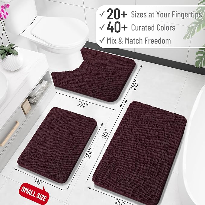 OLANLY Toilet Rugs U-Shaped 24x20, Extra Soft Absorbent Chenille Contour Bathroom Rugs for Toilet, Dry Quickly, Machine Washable, Non-Slip Bath Mat, Black Cherry