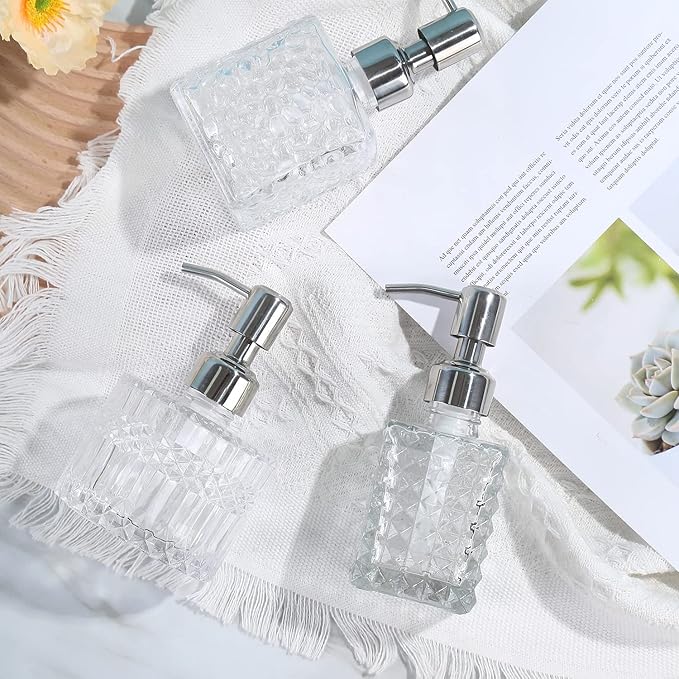 YunNasi Soap Dispenser with Stainless Steel Pump, Clear Crystal Design, Vintage and Elegant, Refillable Liquid Hand Soap Dish Soap Dispensers for Bathroom Counter, Kitchen Sink (Style 4)