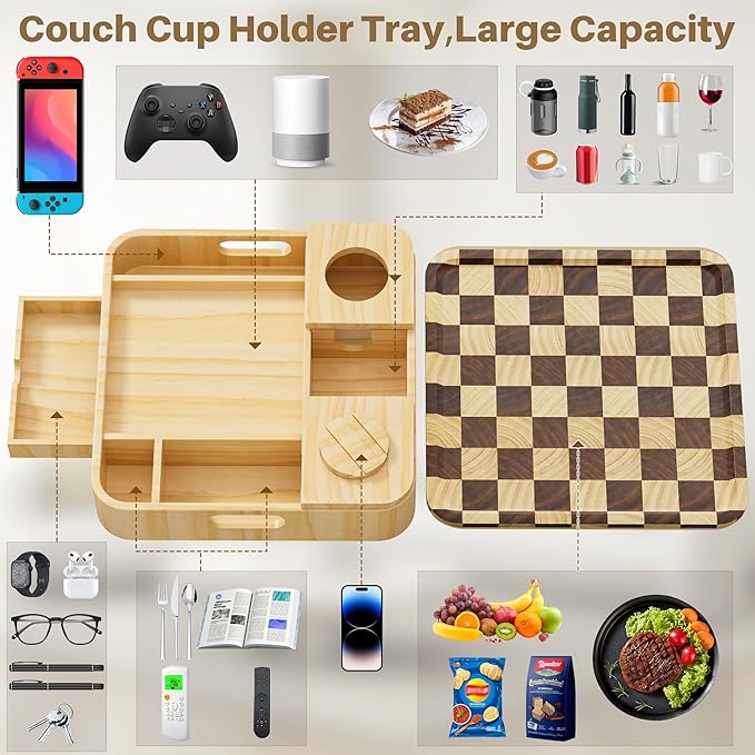 Couch Cup Holder, Checkered Couch Tray Cup Holder Sofa Tray, Large Capacity 2-Tier Wooden Trays with Drawer for Sofa, Bed, Picnic, Drinks, Remote, Cell Phone,TV Trays (Solid Pine Wood)12.5*12.5 in