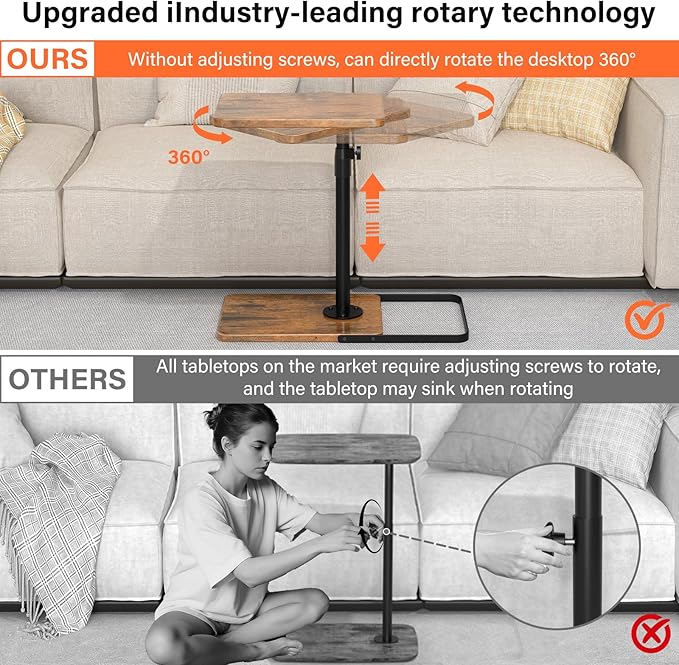Tv Trays Set of 2 for Couch - 360°Swivel Height Adjustable, Larger Metal and Wooden Base to Prevent Slipping，TV Tray C Shaped End Table Food Snack Trays for Eating Sofa Bed Bathroom