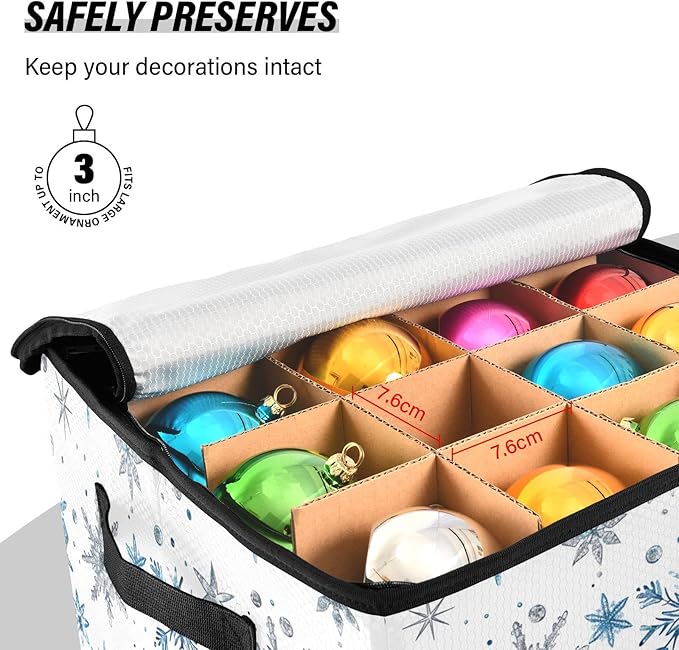 Blue Silver Snowflake Christmas Ornament Storage Basket Box Winter Xmas Holiday Storage Container Cube with Adjustable Dividers for 64 Holiday Ornaments or Decorations Keeps Clean and Dry