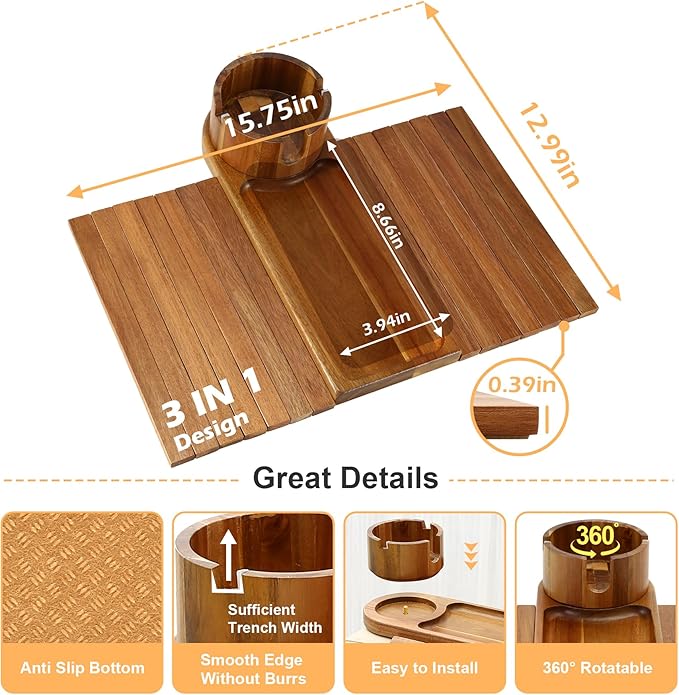 Couch Cup Holder, Acacia Wood Couch Arm Tray with 360° Rotating Cup Holder,Foldable Anti-Slip Sofa Arm Chair Tray for Eating Snack Drink Side Table