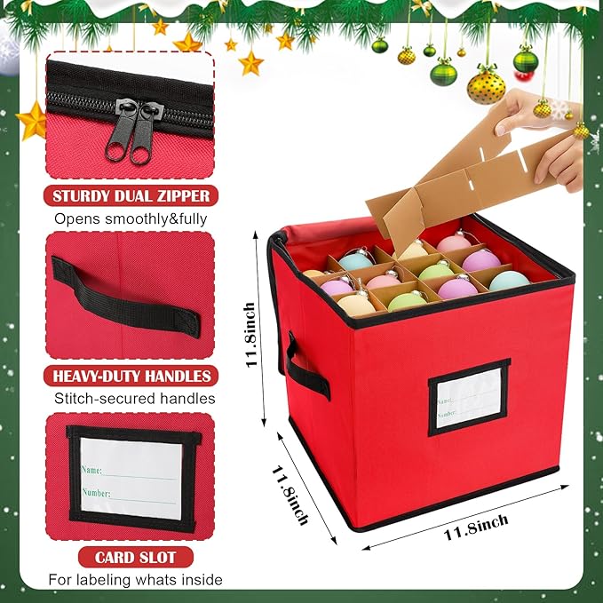 SATINIOR 6 Pcs Upright Christmas Tree Storage Bag Set 9 Ft Christmas Tree Storage Bag 26" Xmas Wreath Containers 11.8" Ornament Bags with Dividers Hold 64 Balls for Artificial Trees Garland(Red)
