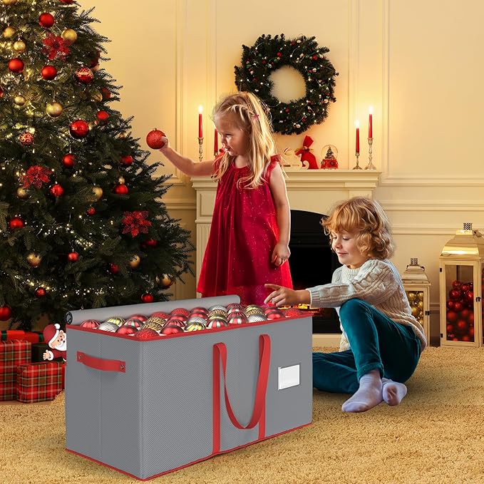 Winpull Christmas Ornament Storage Box with 8 Trays, Christmas Storage Container for 128-3'' Holiday Ornament Decorations, Large Xmas Organizer with Adjustable Dividers, Dual Zipper and Pocket (Grey)