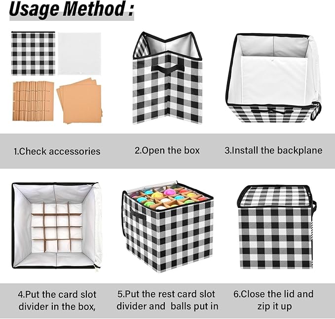 Christmas Ornament Storage Basket Box Buffalo Plaid Black White Winter Holiday Storage Container Cube with Adjustable Dividers for 64 Holiday Ornaments or Decorations Keeps Clean and Dry