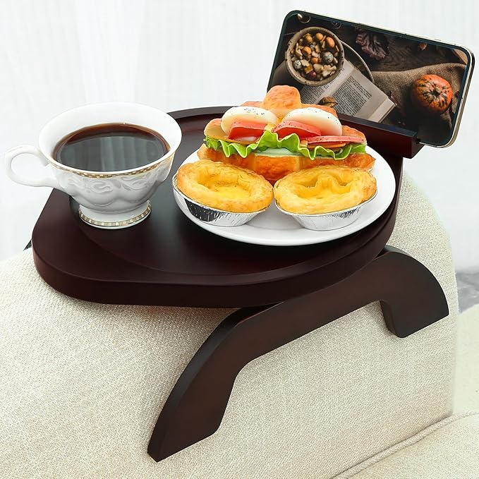 Couch Arm Tray Table,Bamboo Sofa Side Tables Clip-on Couch with 360° Phone Holder,Foldable Sofa Armrest Tray for Eating,Drink, Snacks, Coffee, TV,Remote