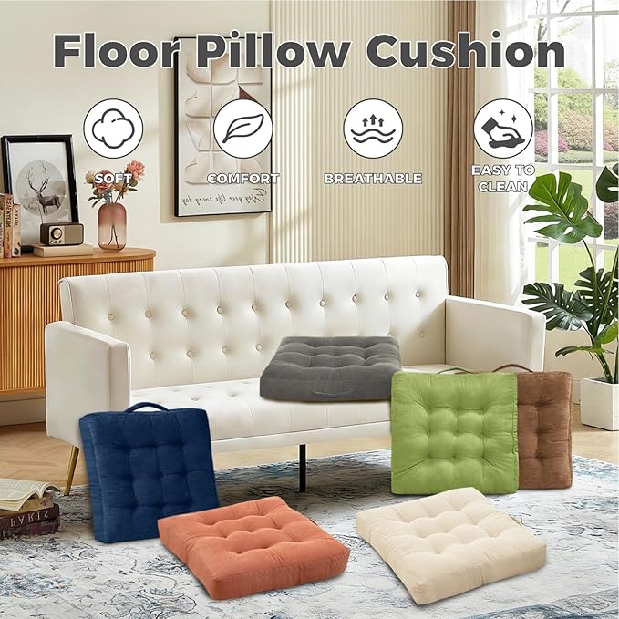 Navy Blue Tufted Floor Cushions with Carry Handle, 18x18 Inch Set of 2, Non-Slip Chair Pads for Yoga Meditation and Floor Pillow Living Room