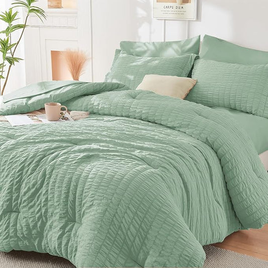HYMOKEGE Sage Green Queen Comforter Set Seersucker 7 Pieces, All Season Luxury Bed in a Bag for Bedroom, Bedding Set with Comforters, Sheets, Pillowcases & Shams