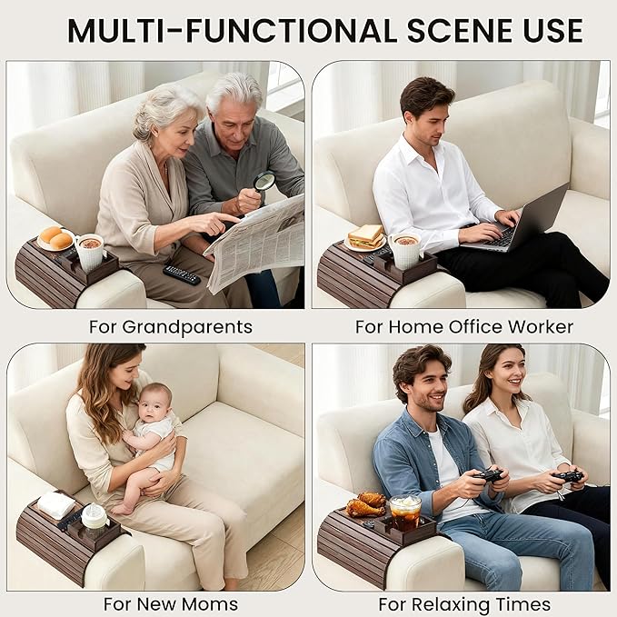 LOVYANXUE Bamboo Sofa Arm Tray Table, Foldable Couch Cup Holder, Anti-Slip Wide Couch Arm Tray Aremrest Table for Drink, Cup, Remote, Snacks, Cellphone, Portable, Brown