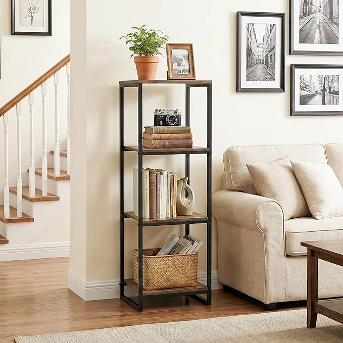4-Tier Bathroom Shelving Unit, 33.7" H Narrow Open Floor Shelves, Metal Corner Slim Storage Rack for Bathroom Laundry Room Kitchen Living Room, Rustic Brown