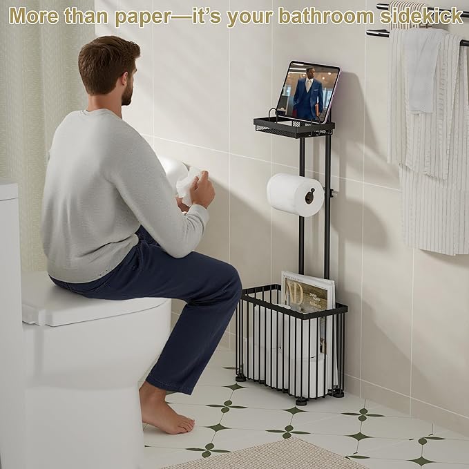 X-cosrack Freestanding Toilet Paper Holder Toilet Tissue Rack Scroll Stand Roll Dispenser with Storage Shelf Reserve for Phone Tablet Magazine Bathroom Organizer Bath Tissue Organizer (Black)