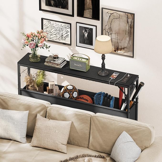 Asgolion Narrow Console Table, 47.2" Long Entryway Table with Storage & Power Outlets, Hallway Table, Mordern IndustrialSofa Tables for Living Room, Bedroom, Foyer, Office, Anti-tip Kit, Black