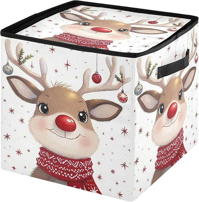 Red Green Buffalo Plaid Christmas Ornament Storage Basket Box Reindeer Snowflake Bells Holiday Storage Container Cube with Adjustable Dividers for 64 Holiday Ornaments or Decorations