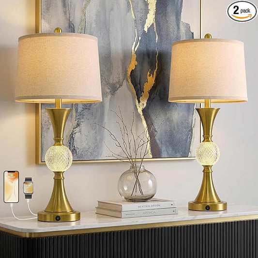 Oneach 28.5" Gold Table Lamps Set of 2, Tall Luxury Bedside Lamps with Night Light, USB A+C Charging Ports, Elegant Metal Nightstand Lamps for Bedroom Office End Table Decoration