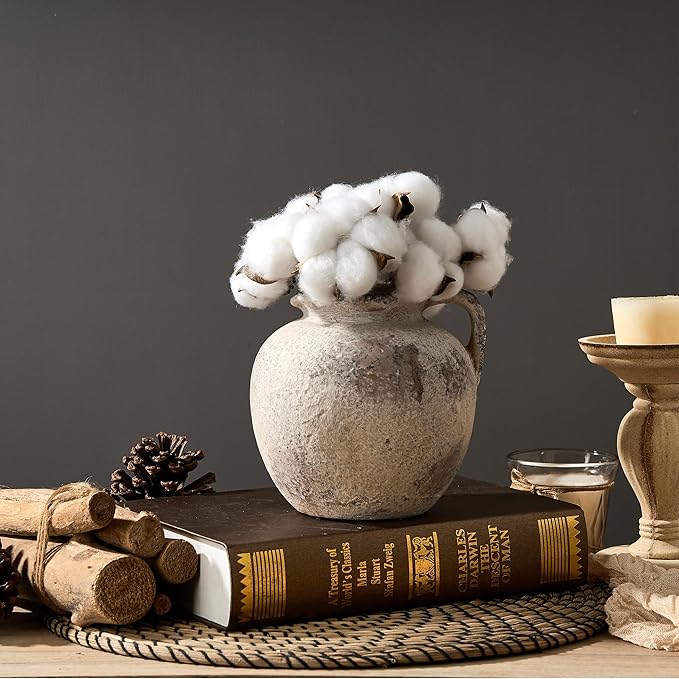 PORCER Antique Terracotta Vase with Handle, 5.6 Inch Farmhouse Ceramic Vase Boho Decor Decorative Vase, Rustic Vase for Home Decor, Living Room, Table, Wedding - Distressed Design, Gray