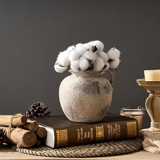 PORCER Antique Terracotta Vase with Handle, 5.6 Inch Farmhouse Ceramic Vase Boho Decor Decorative Vase, Rustic Vase for Home Decor, Living Room, Table, Wedding - Distressed Design, Gray