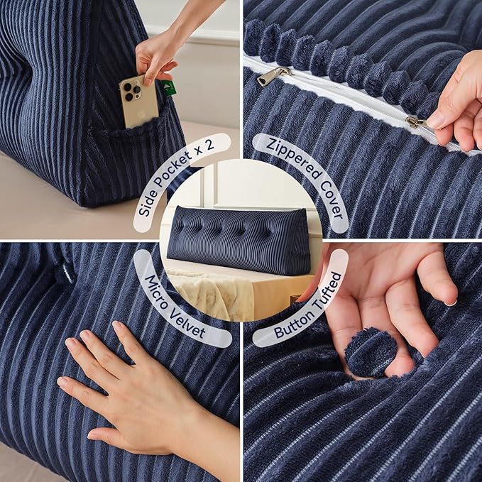 Z-hom Large Headboard Pillow King, NO ROLL Pillow, Wedge Pillow Headboard for Sitting Up in Bed, Backrest Support Triangular Cushion for Reading, Gap Pillow w/Removable Washable Cover,Blue
