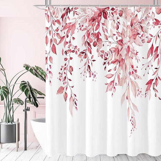 Gibelle Extra Long Shower Curtain 72 x 84, Tall Pink Floral Shower Curtain for Bathroom, Watercolor Plant Eucalyptus Leaves Fabric Shower Curtain Set