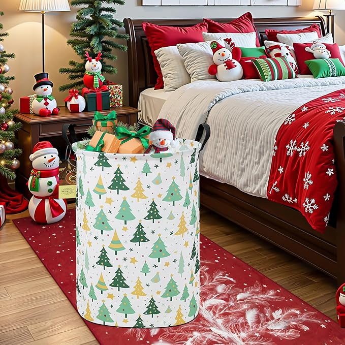HUNRUNG Collapsible Fabric Storage Basket, Waterproof Laundry Hamper with Handles, Round Storage Bin for Clothes Toys, Foldable Organizer for Bedroom Nursery Bathroom(Round-Christmas tree)