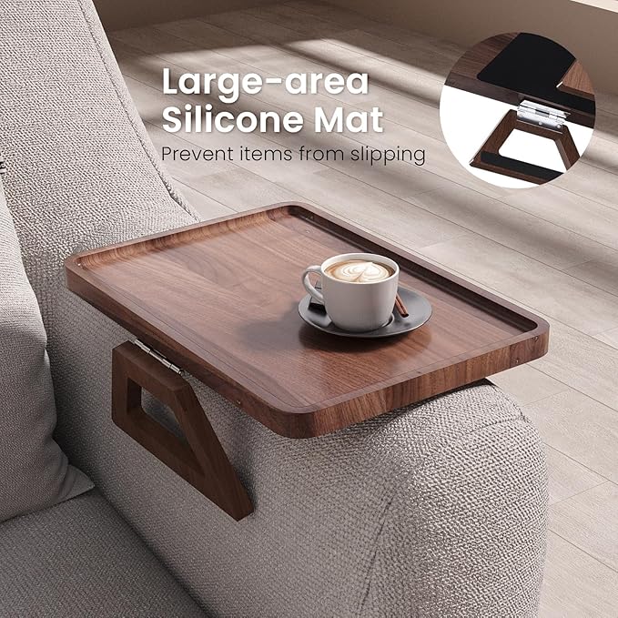 Walnut Wood Couch Arm Tray,Couch Trays,Folding Sofa Armrest Tray,Couch Arm Table Clip-On Couch Desk for Drinks, Snacks,Phone,Remote Control