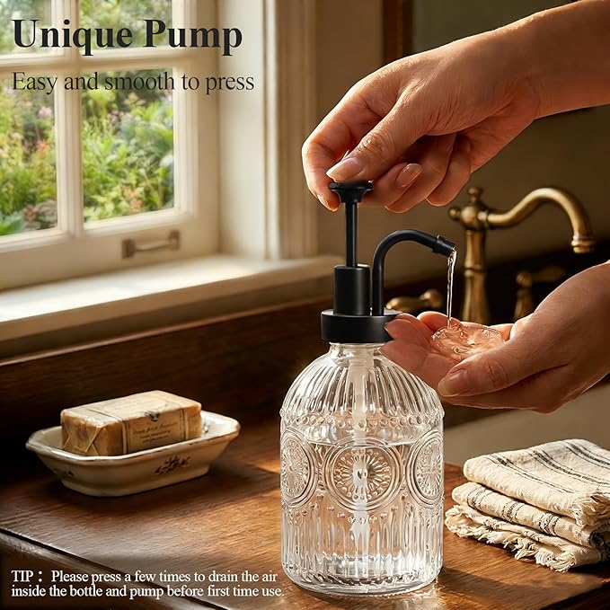 SheeChung 12Oz Vintage Glass Bathroom Soap Dispenser, Kitchen Dish Soap Dispenser with Pump, Refillable Liquid Hand Soap Bottle, Lotion, Antique Rustic Farmhouse Decor (Clear-Black Pump, 2 Pack)