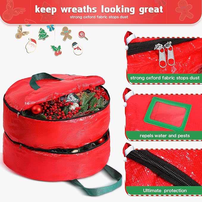 Shappy Double Layer Wreath Storage Container Bag Wreath Storage Pure Color Seasonal Garland Holiday Christmas Container Festive Box with Dual Zippers and Handles for Xmas(30 Inch,Red)
