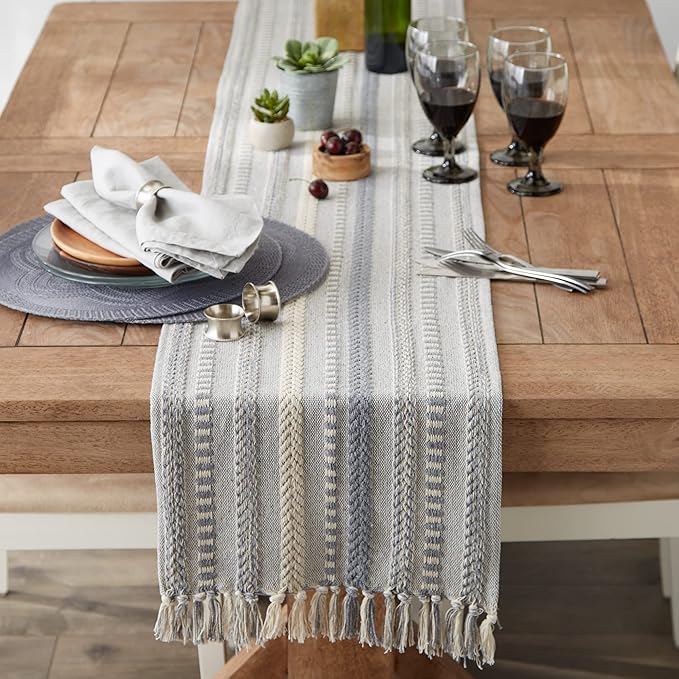 DII Farmhouse Braided Stripe Table Runner Collection, 15x108 (15x113, Fringe Included), Cool Gray
