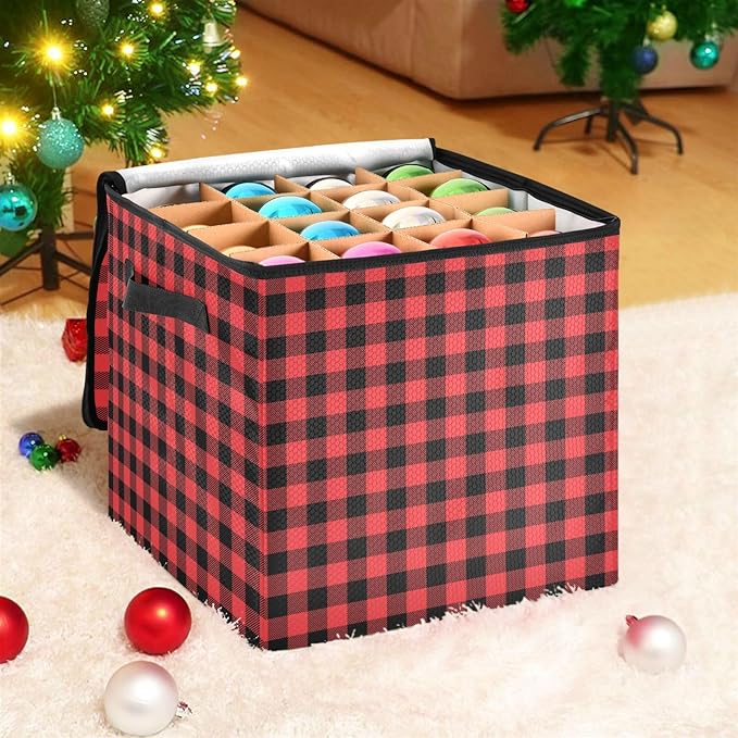 Red Buffalo Plaid Christmas Ornament Storage Basket Box Winter Xmas Holiday Storage Container Cube with Adjustable Dividers for 64 Holiday Ornaments or Decorations Keeps Clean and Dry for Next Season