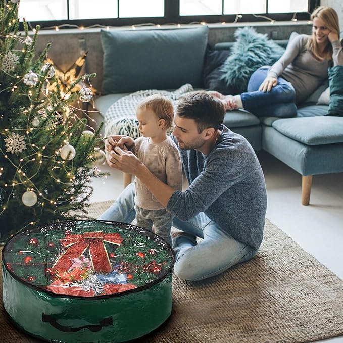 Propik Christmas Wreath Storage Bag 30" - Garland Holiday Container with Clear Window - Tear Resistant Fabric - 30" X 30" X 8" (Green)