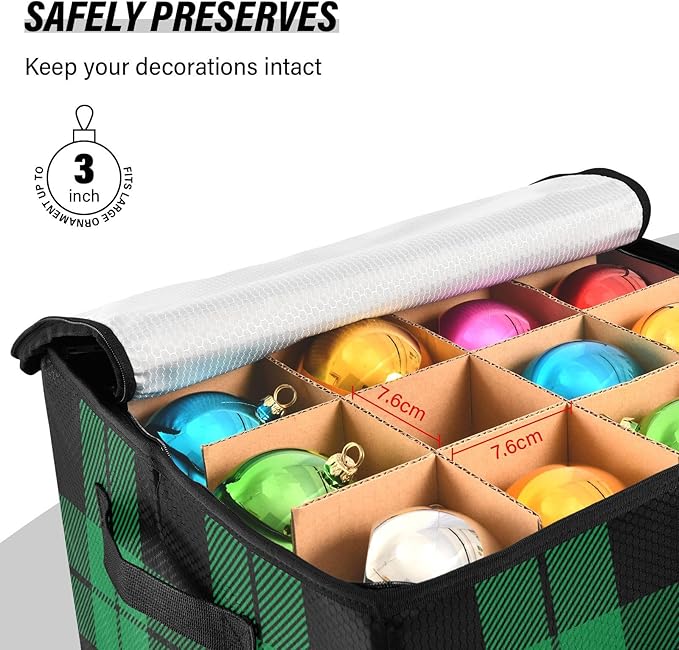 Green Black Christmas Ornament Storage Basket Box Buffalo Plaid Winter Holiday Storage Container Cube with Adjustable Dividers for 64 Holiday Ornaments or Decorations Keeps Clean and Dry