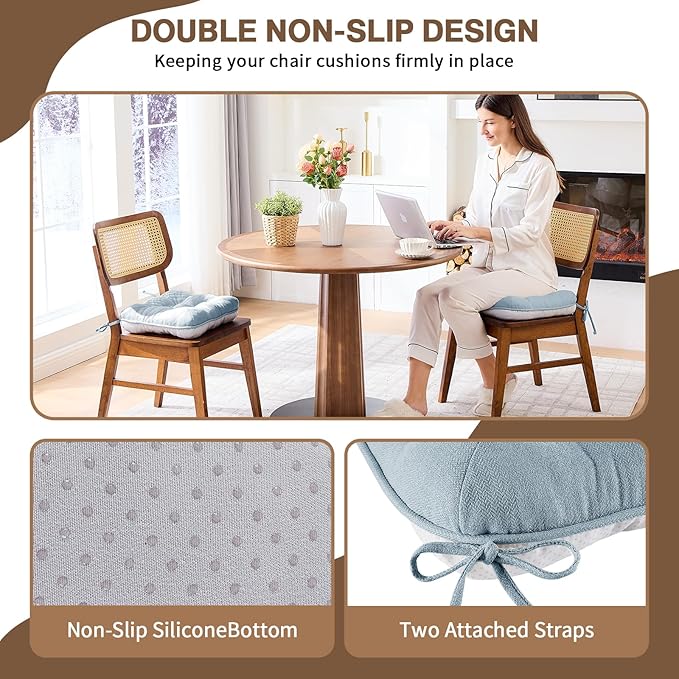 BETU Chair Cushions for Dining Chairs Set of 2,3.5" Thick Kitchen Table Chair Pads with Ties,Non Slip Backing and Covers, Seat Cushion for Dining Room,Bar,Patio Chairs,16"X16"X3.5",Smoky Blue