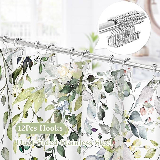Gibelle Long 3 in 1 Shower Curtain Set, Watercolor Eucalyptus Bath Curtain and PEVA Liner Set with 12 Metal Hooks, Modern Waterproof Fabric Bathroom Curtain 72x78, Sage Green