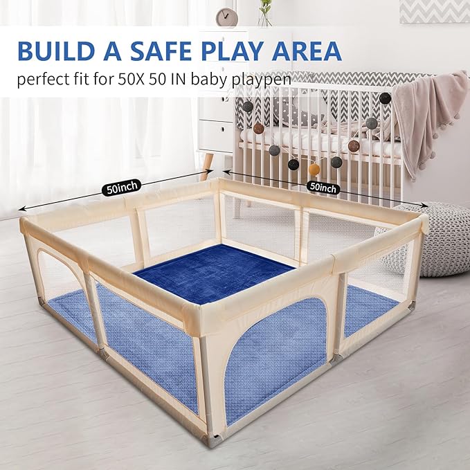 Huloo Sleep Baby Play Mat for Floor,1.3" Thick Elasti-Foam 50x50 Playpen Mat for Toddlers Infant Kids,Water-Repellent Soft Coral Velvet Tummy Time Non Slip Crawling,Tatami(Dark Blue)