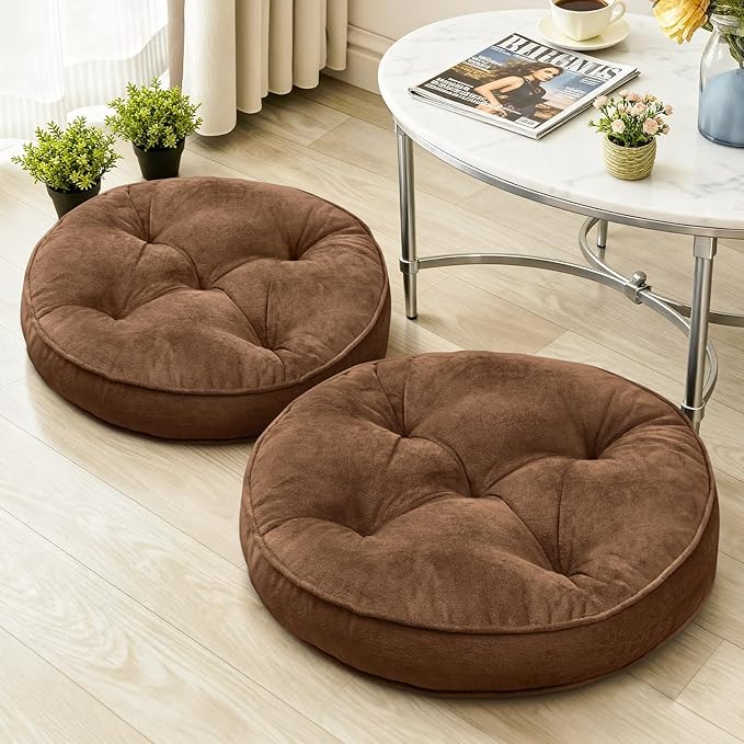 1 MIDDLE ONE Floor Pillow Set of 2, Memory Foam Meditation Cushion, Floor Cushions for Adults Sitting, Large Round Seat Cushions for Yoga, Living Room, 20x20 Inch (Round | Brown)