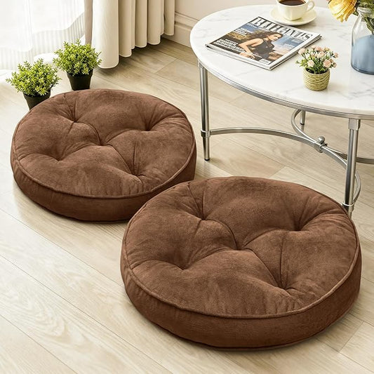 1 MIDDLE ONE Floor Pillow Set of 2, Memory Foam Meditation Cushion, Floor Cushions for Adults Sitting, Large Round Seat Cushions for Yoga, Living Room, 20x20 Inch (Round | Brown)
