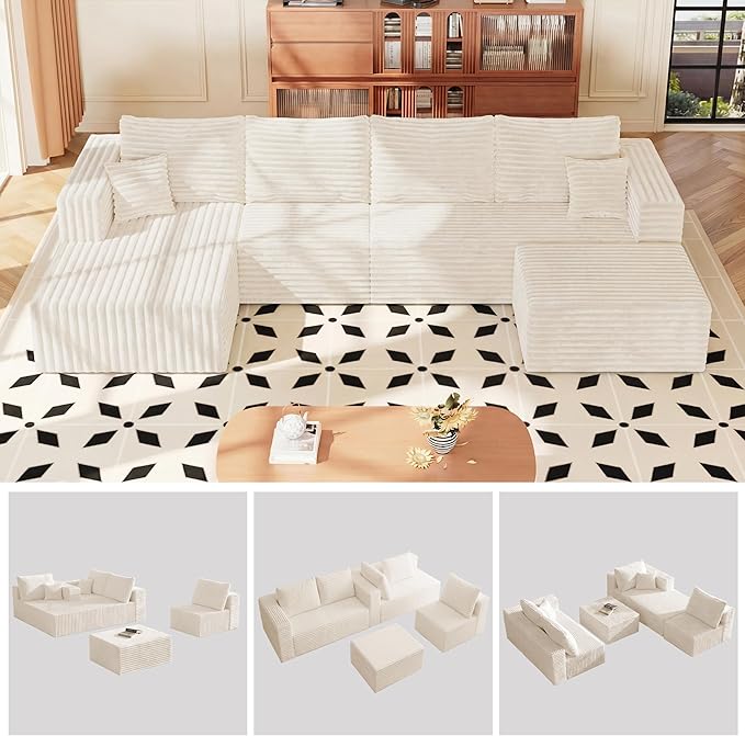 Couches Sofa, Boneless Compressed Sofa in a Box, U-Shaped Cloud Couch with Deep Seats & Chaise for Living Room, No Assembly Required (Beige, 118" U-Shape with Left Facing Chiase) | Boneless Compressed, Sofa in a Box, Cloud Couch, Deep Seats, No Assembl...