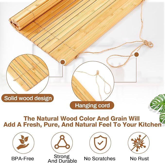 Maxdot Wooden Dish Drying Rack, 17.8 x 16 Inch Roll up Kitchen Over Sink Dish Drying Rack for Dishes, Plates, Bowls, Wooden Cover Counter Space, Crack Resistant Drainer, Kitchen Supplies(Natural)
