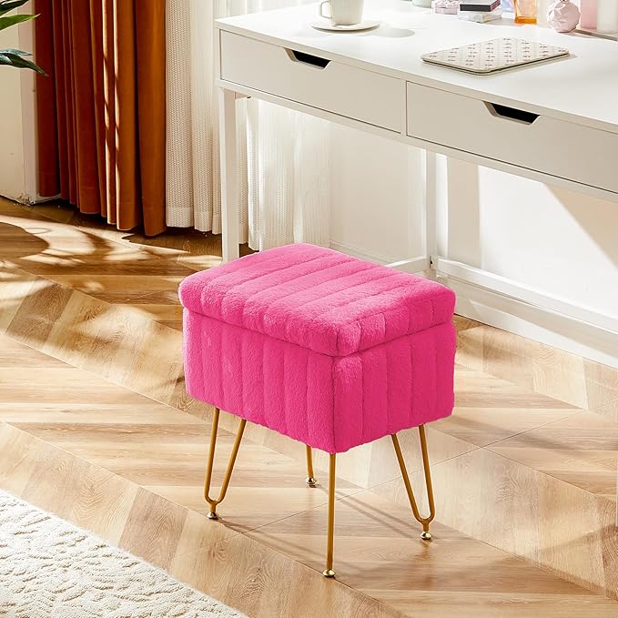 DUMOS Vanity Stool Chair, Ottoman with Storage, Makeup Cute Soft Small Footstool, Modern Style Faux Fur Seat with 4 Metal Legs & Adjustable Feet for Dressing, Living Room, Bedroom, Dorm, Red