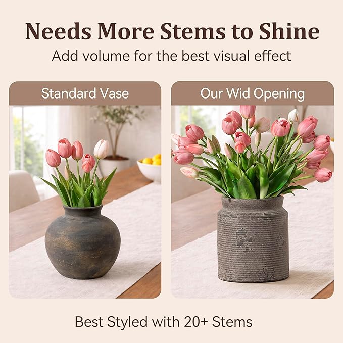 Ceramic Flower Vase 6.5 inch Farmhouse Rustic Vase for Home Decor Handcrafted Pottery Vase Small Terracotta Vases for Dining Table Fireplace Living Room Bathroom Wedding Centerpiece (S-Dark Gray)