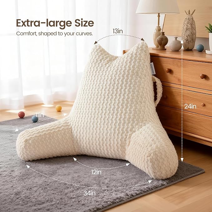 Reading Pillow for Bed Sitting Up, Backrest Pillow with Shredded Memory Foam Filling, Back Support Cushion, Bed Rest Pillow with Arms, Pockets and Washable Cover-Beige