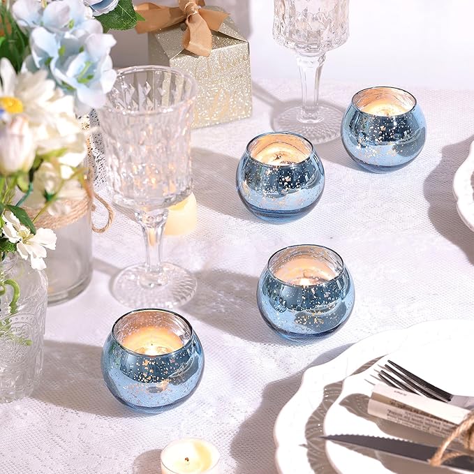 LAMORGIFT 12 Pcs Blue Votive Candle Holders- Blue Centerpieces for Tables, Round Mercury Glass Candle Holder for Bridal Shower Decorations, Wedding Decor