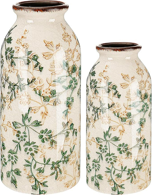 2 Pcs Vintage Ceramic Flower Vase Chinoiserie Antique Floral Vase Rustic Boho Farmhouse Decor for Home Table Bookshelf Aesthetic Centerpiece Gift(Vintage Green)